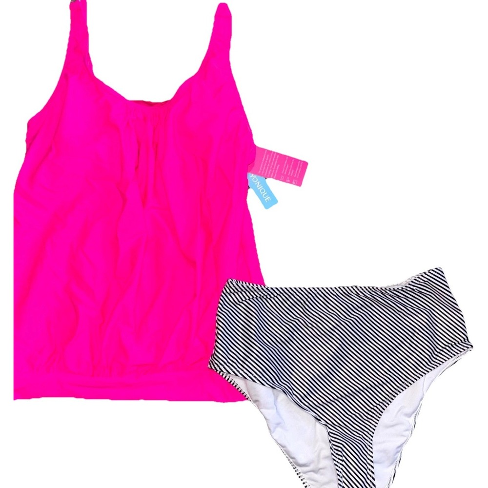 Yonique Swimsuit Tankini Set Womens Medium Hot Pink Striped Stretch High Waisted